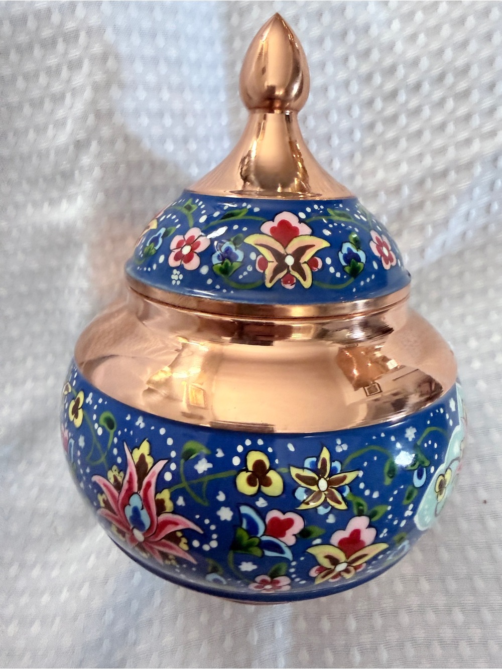 Vintage Persian Minakari Lidded Candy Bowl Hand Painted Enamel on Copper Isfahan